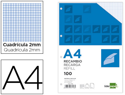 Recambio Liderpapel A4 100h 100g/m² milimetrado con margen 4 taladros